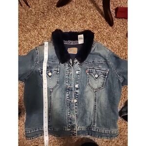 Levi's Stone Wash Trucker Jacket Navy Faux Fur Collar‎ Cuffs Quilted Lining L